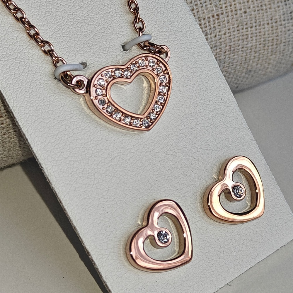 Rose Gold Tone Heart Crystal Pendant Necklace and Stud Earrings Jewelry Set